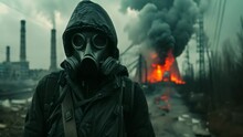 Apocalypse, Nuclear War, Radiation, Concept. Stalker Man In A Gas Mask Standing Against Backdrop Of Fire And Smoke At A Nuclear Station, Slow Motion