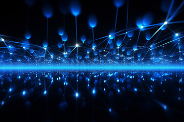Poster - internet networking concept illustration, network of glowing blue lines on black background, tech wallpaper, information flow backdrop