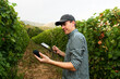 © scharfsinn86 - Farmer examines the vineyard and sends data to the cloud from the tablet. Smart farming and digital agriculture
