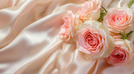 Wall Mural - Bouquet of Pink Roses on White Satin