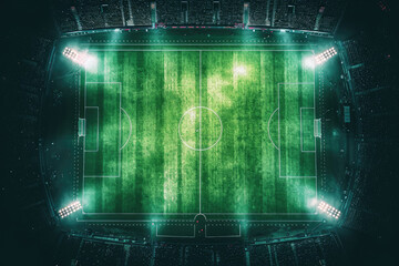 Wall Mural - Aerial top view Football stadium arena for match with spotlight. Soccer sport background, green grass field for competition champion match.