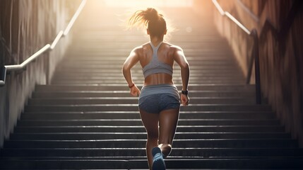 Woman running up the stairs, interval training.
