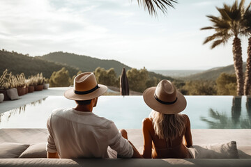 two individuals in hats sitting by an infinity pool, overlooking a scenic view of green hills under 