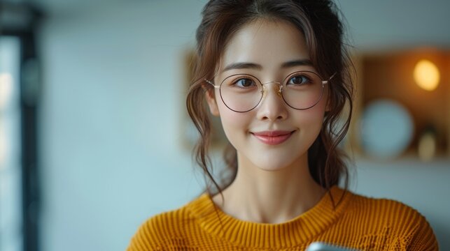 Portrait of asian woman in eyeglasses using smartphone at home