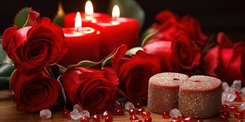 Wall Mural - red roses with burning candles