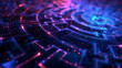 Abstract futuristic holographic circle maze interface concept background for technology, cybersecurity or business presentation. Dark tone with neon purple and blue color with copy-space for text.