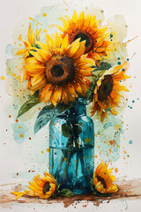 Poster - watercolor illustration of bouquet of sunflowers in the vase 