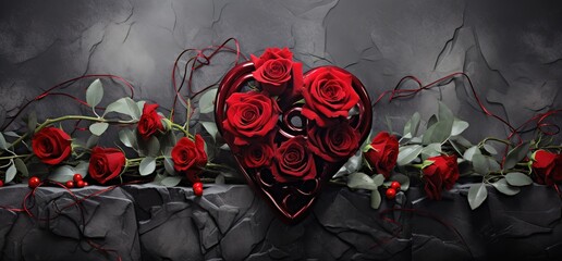 Wall Mural - The arrangement of roses forms a heart on a black background