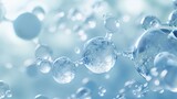 Fototapeta Łazienka - Hyaluronic acid molecules background. Water with bubbles, moisturiser, liquid, serum or toner banner. Hyaluron acids in chemical laboratory, beauty and cosmetics