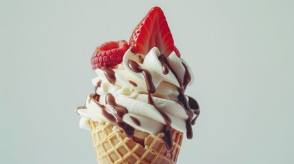 Wall Mural - Chocolate, vanilla and strawberry Ice cream in the cone on white background