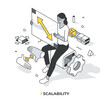 © Rassco - Scalability. A woman holds a panel with a two-headed arrow that represents the flexible and adaptable model of business and technology. Isometric linear illustration. Metaphor