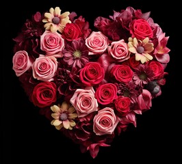 Wall Mural - The arrangement of roses forms a heart on a black background