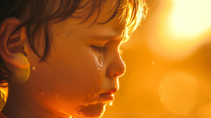 a closeup photo of a young boy child crying eye and face. tears on the face