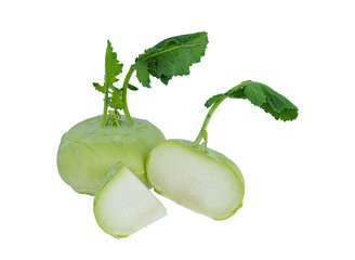 Wall Mural - Fresh kohlrabi with green leaves on isolated white backround