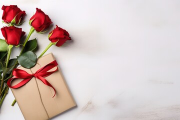 Wall Mural - beautiful red roses with brown color envelope containing greeting card on white background