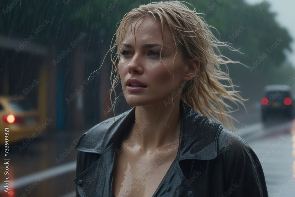 Portrait of pretty blond wet woman wearing a cloak over her naked body