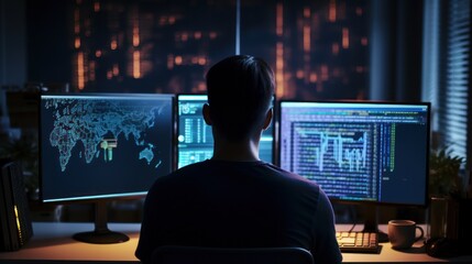 Leinwandbilder - Programmers sit in front of the computer and write the source code and make changes to it