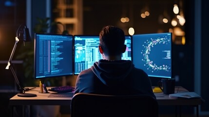 Leinwandbilder - Programmers sit in front of the computer and write the source code and make changes to it