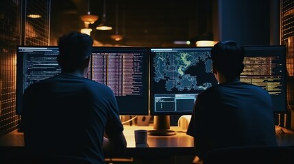 Leinwandbilder - programmers sit in front of the computer and write the source code and make changes to it