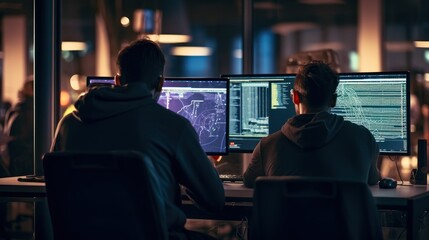 Leinwandbilder - programmers sit in front of the computer and write the source code and make changes to it