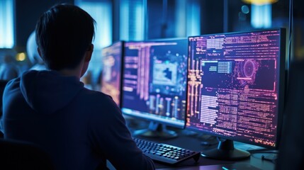 Leinwandbilder - programmers sit in front of the computer and write the source code and make changes to it