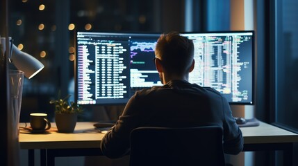 Leinwandbilder - programmers sit in front of the computer and write the source code and make changes to it