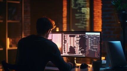Leinwandbilder - programmers sit in front of the computer and write the source code and make changes to it
