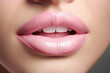 Delicate pink plump female lips. Realistic lips with white teeth close-up. Copy space. space for text