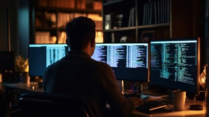 Leinwandbilder - programmers sit in front of the computer and write the source code and make changes to it