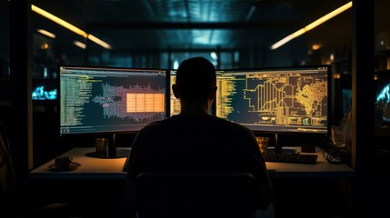 Leinwandbilder - programmers sit in front of the computer and write the source code and make changes to it