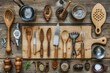 Kitchen Utensils: Top view of various kinds of rustic kitchen utensils like a silver fork, a wooden cooking board, a silver teaspoon, a silver spoon