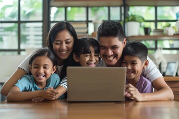 Happy Latin parents and two kids enjoying online entertainment with laptop, using Internet technology, application, communication, looking at computer screen together, laughing