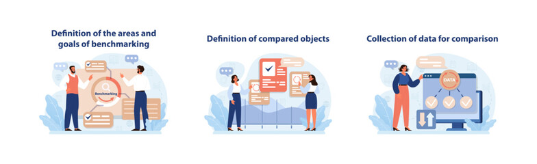 Poster - Benchmarking Process Set. Illustrations of initial benchmarking phases, defining goals, objects, and data collection for performance analysis.