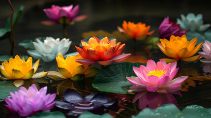 Wall Mural - Beautiful blooming lotus flower with leaves, Water lily pot. Beautiful color pink lotus flower with green leaves in the pond Pink lotus flowers blooming on the water magical