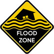 Flood zone road signs, labels or stickers to make people aware of flood that often occur and need to be prepared	