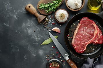 Poster - Top view of a dark gray kitchen countertop full of food and kitchen utensils for cooking and seasoning a beef steak 