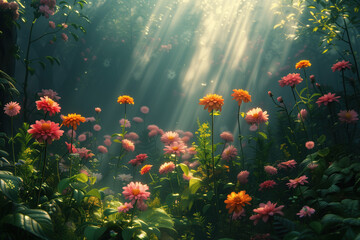 Poster - Flowers in the fantasy garden. God rays. Background image. Created with Generative AI technology