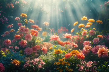 Poster - Flowers in the fantasy garden. God rays. Background image. Created with Generative AI technology