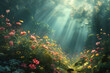 Flowers in the fantasy garden. God rays. Background image. Created with Generative AI technology