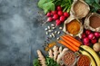 Vegan food background: Top view of various vegan ingredients like fresh carrots, radishes, cocoa beans, cherry tomatoes, soy beans