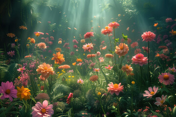 Poster - Flowers in the fantasy garden. God rays. Background image. Created with Generative AI technology