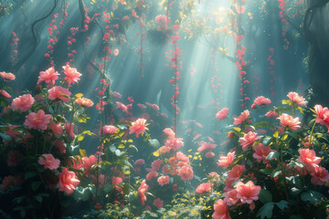 Poster - Flowers in the fantasy garden. God rays. Background image. Created with Generative AI technology