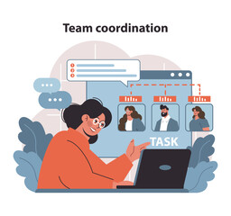 Poster - Team Coordination and Task Management. Project leader orchestrates team efforts, assigning roles for efficient workflow. Flat vector illustration.