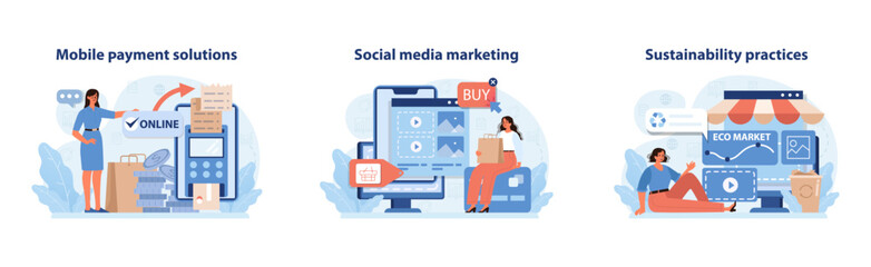 Poster - retail tech solutions set. intuitive mobile payments, strategic social media marketing, and eco-frie