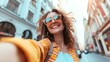 © Alice a. - An influencer woman take a selfie and smiling. City traveling vlog. Generative AI