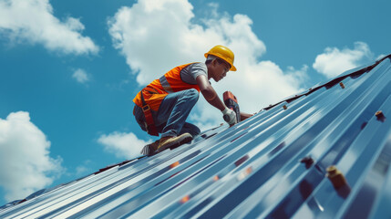 Construction worker install new roof. Roofing tools. Electric drill used on new roofs with metal sheet
