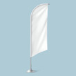 Flattering blank textile flag on metal pole stand realistic vector illustration. Fabric business table banner waved by wind 3d model on blue background