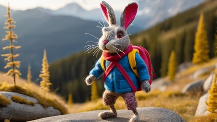 3D felted fiber art masterpiece featuring a full body shot of a cute rabbit character in mountains