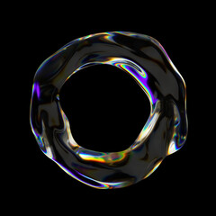 Poster - Abstract wavy liquid circle shape 3D illustration. Futuristic modern fluid round glass frame with dispersion effect