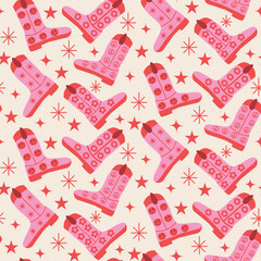 Wall Mural - Retro Groovy Pink Cowgirl boots seamless pattern with smile faces, peace signs  retro flowers and stars .